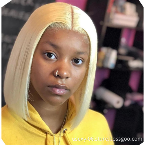 Glueless natura straight lace front wig human blonde lace frontal wig short virgin hair woman 613 hd lace closure bob wigs
